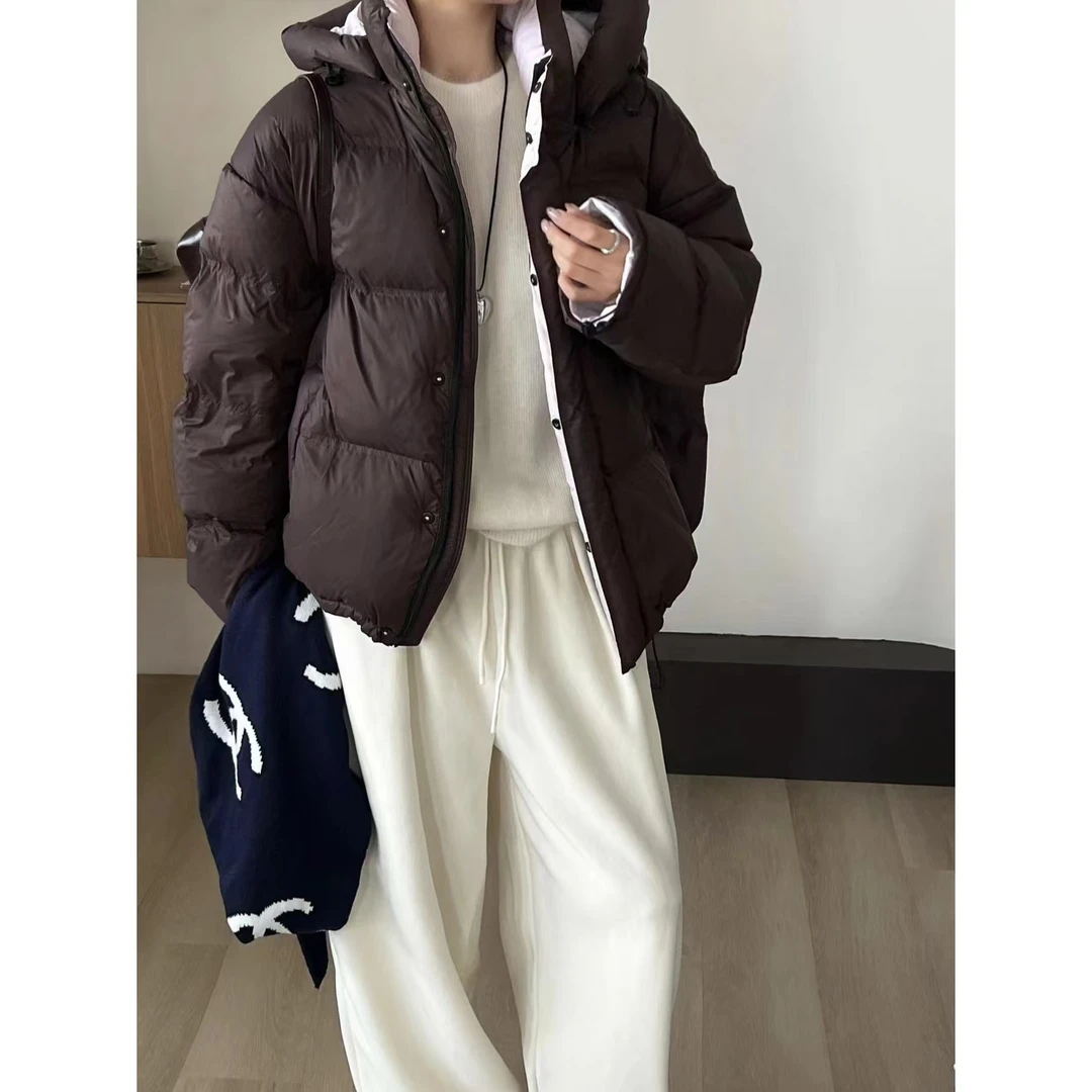 SP【超美拼色】 韩国原版撞色羽绒服宽松加厚短款连帽拼色羽绒外套