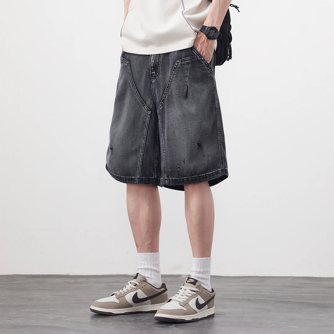 Kuvine宽松牛仔短裤男夏季新款潮牌破洞直筒五分裤子美式复古中裤