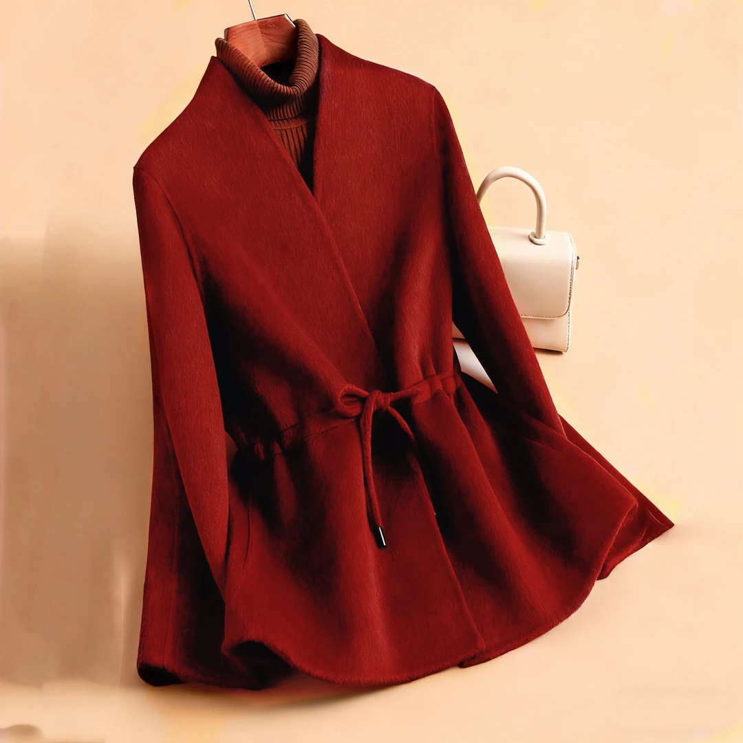 2025秋新款双面呢轻熟简约风双面绒长袖收腰系带显瘦毛呢大衣外套