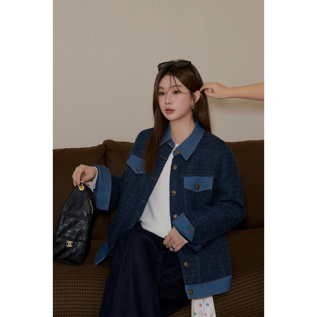 大婉酱微胖定制【北欧中古感】撞色拼接显瘦上衣小香牛仔外套 0418D