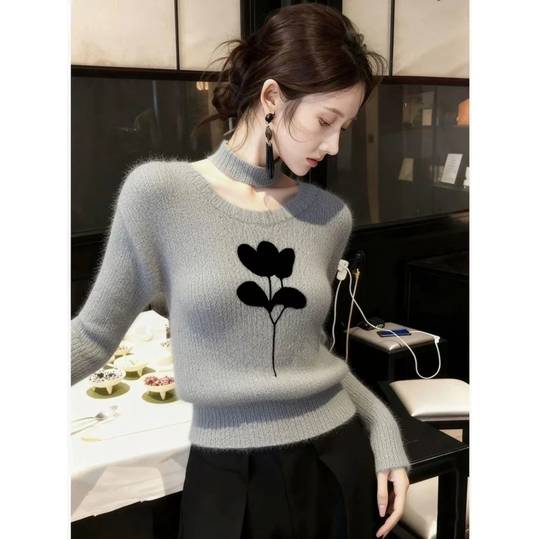 SS5091秋冬独特慵懒风灰色软糯毛衣针织衫设计感小众宽松长袖上衣