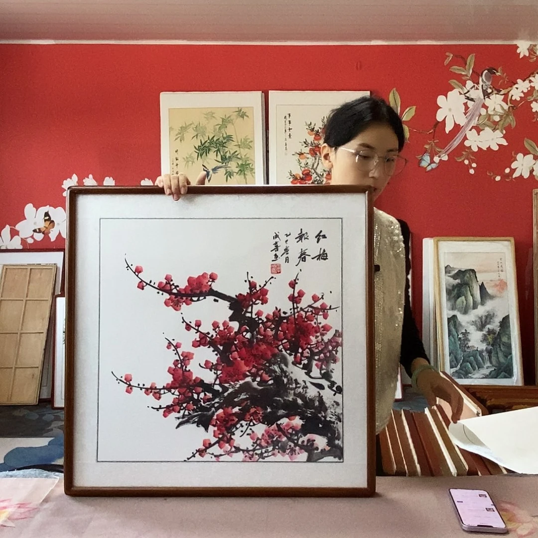 国画手写手绘带框包邮国画作品62✖️62