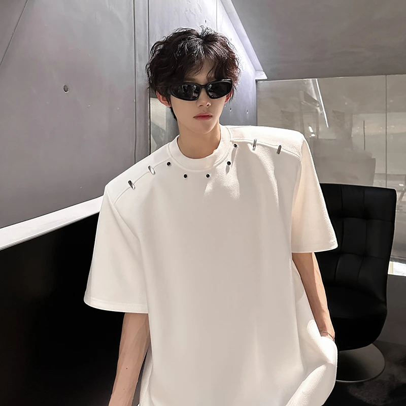 金属铆钉装饰垫肩短袖男款夏季正肩t恤潮流百搭圆领半袖高级感ins