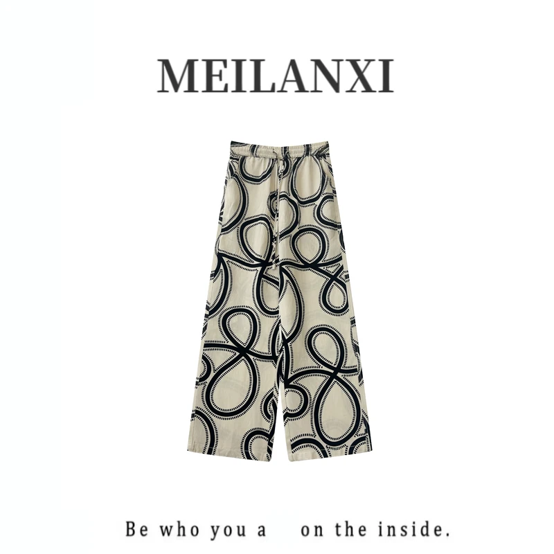 【MEILANXI】【水墨印花】2025春夏新款亚.麻.时尚百搭印花设计女裤子