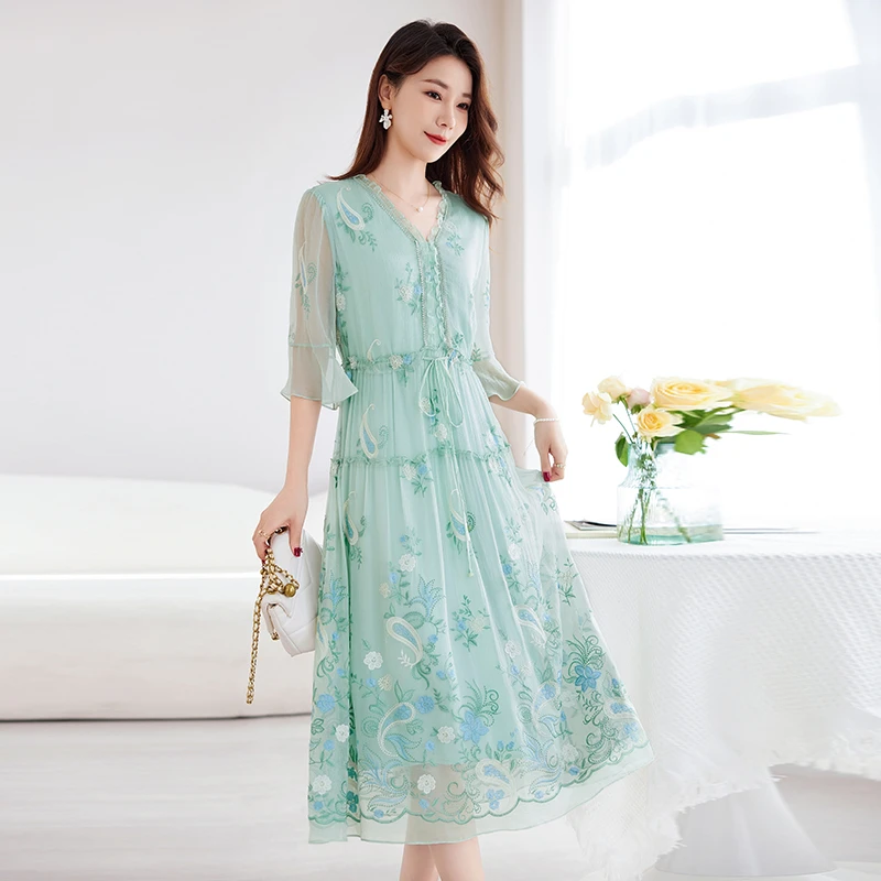 【杭州帕美】100桑蚕丝刺绣连衣裙  82599168