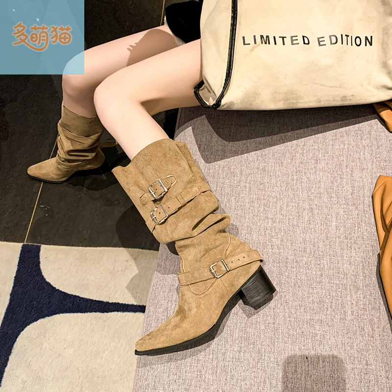 西部牛仔粗跟堆堆靴子女秋款2025年新款不过膝长靴女款大筒围女靴