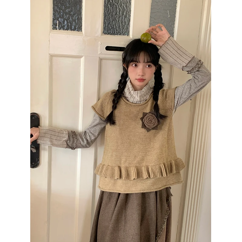 霍里德地图"豆蔻少女"卷边针织毛衣背心女春季叠穿短袖马甲