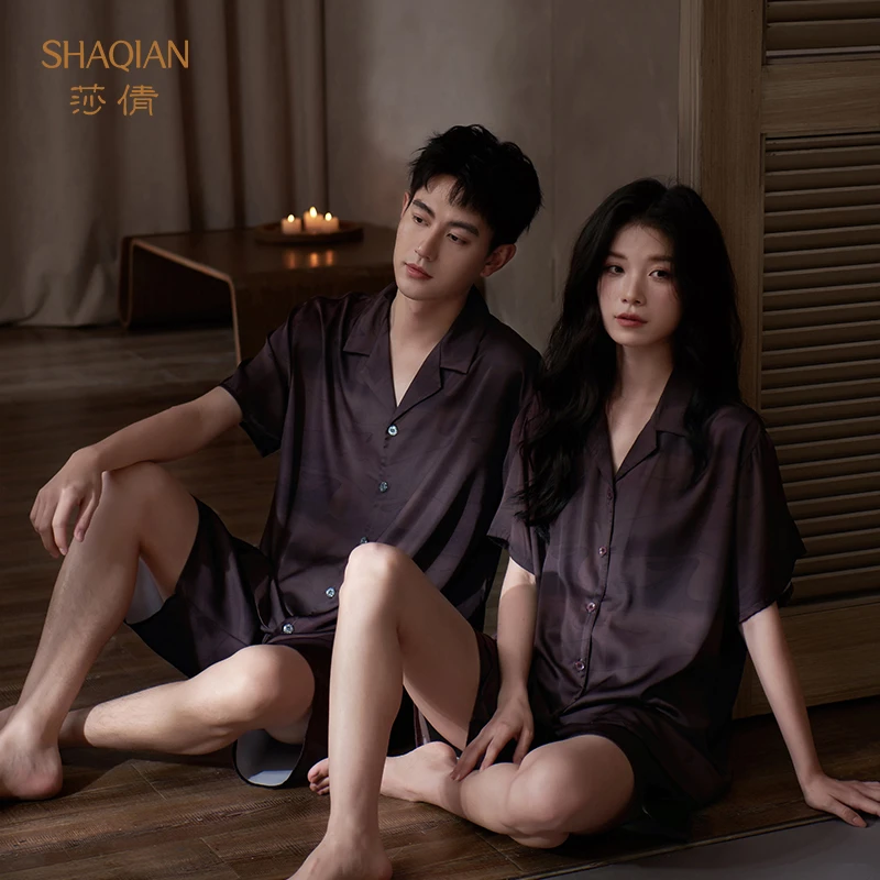 莎倩2025年夏季新款凉感冰丝情侣睡衣高级短袖一男一女家居服套装