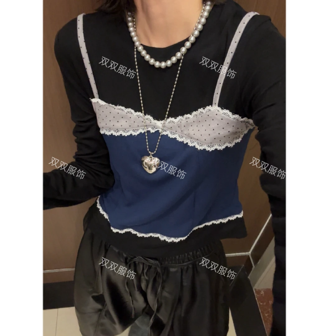 【SSOUHAN】欧货小众设计波点撞色拼接长袖T恤洋气