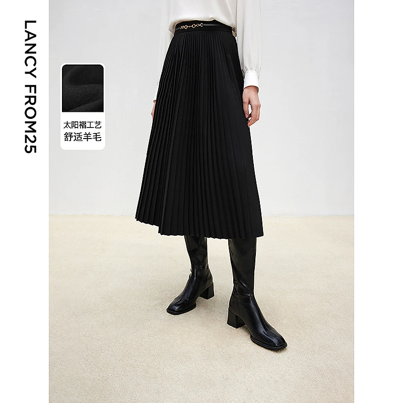 朗姿羊毛黑色半裙a字气质2025年春季新款高级感显瘦中长款半身裙