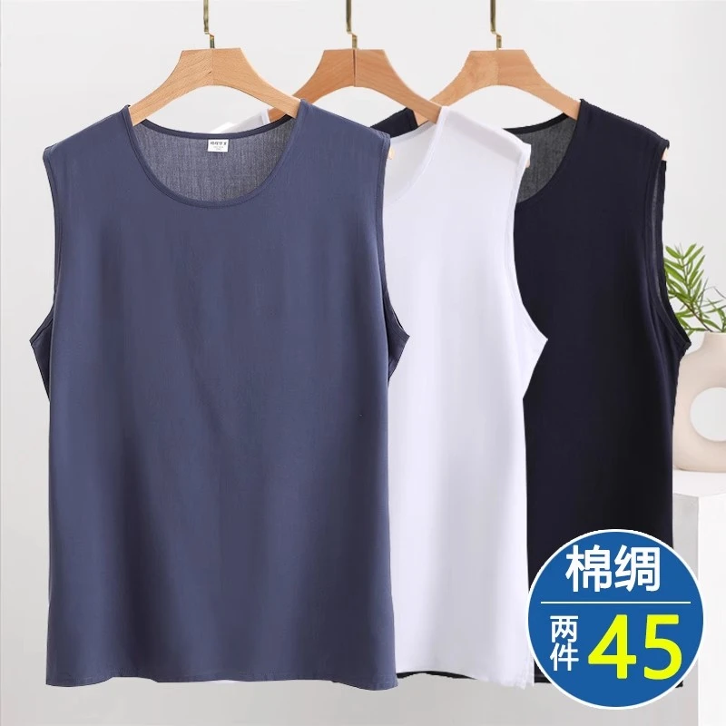 棉绸跨栏宽肩背心男中老年人造棉爸爸无袖坎肩套头汗衫爷爷老头衫