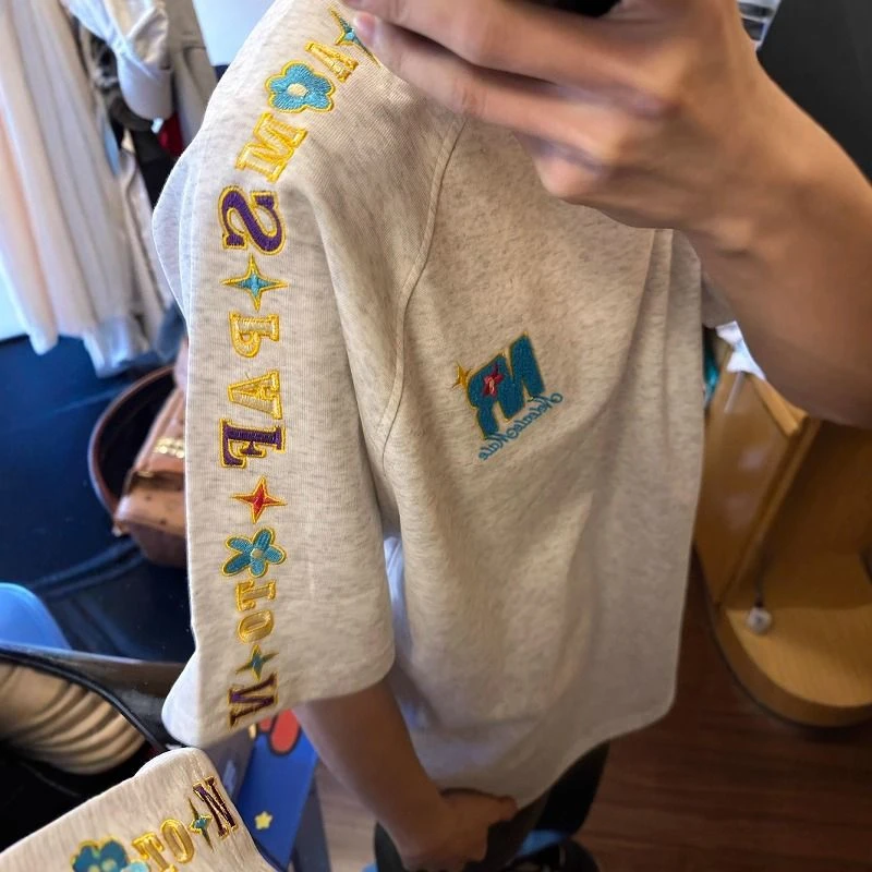 夏季新款美式复古高街设计感纯棉短袖t恤男字母花卉刺绣情侣上衣