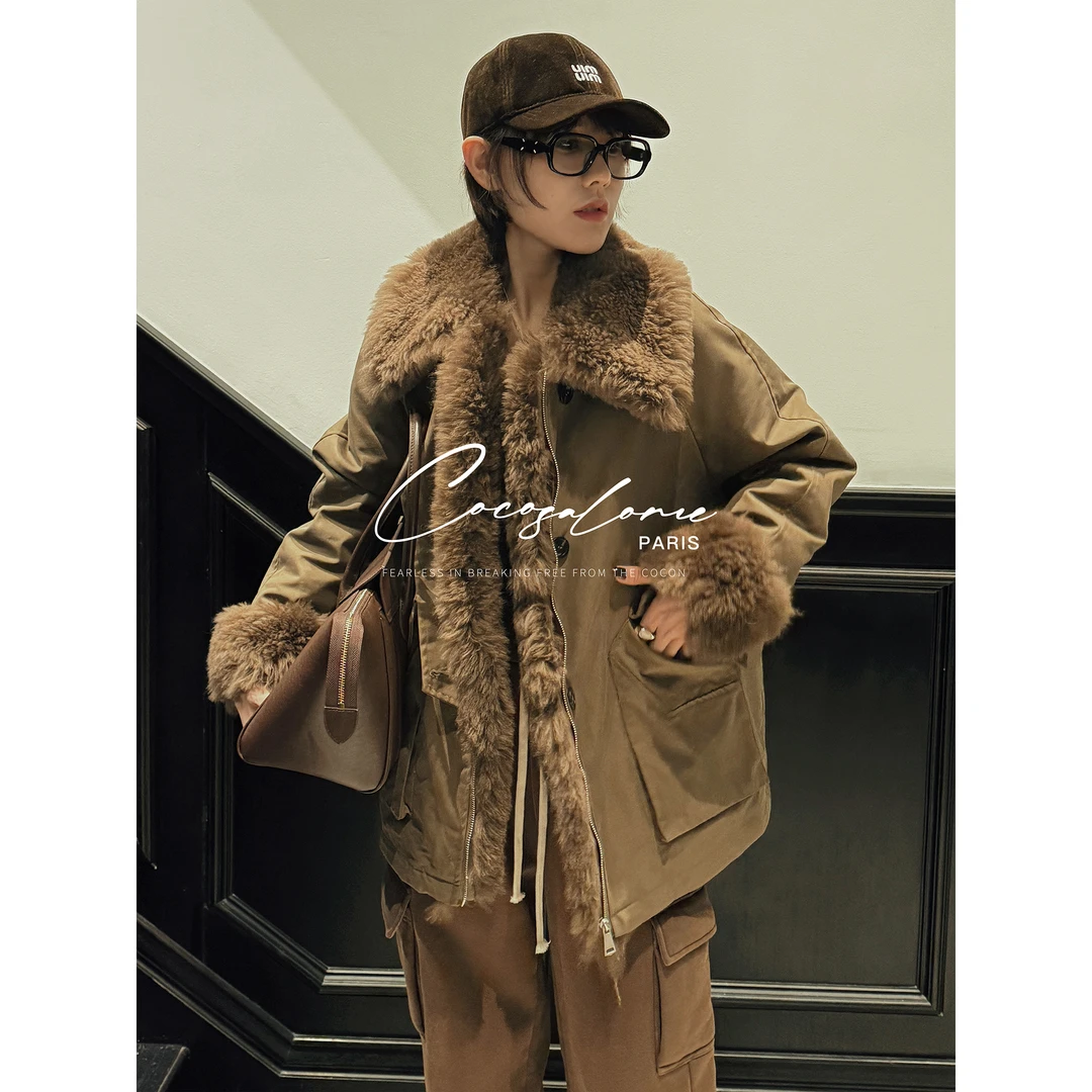 韩彬彬"挪威森林"90白鹅绒拼接羊羔毛冬季保暖羽绒服派克服3457-8