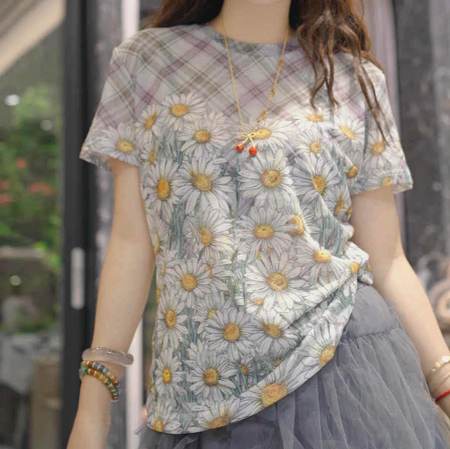【W1177灰色小雏菊】短袖t恤女打底半袖休闲夏季2025款重工爆款