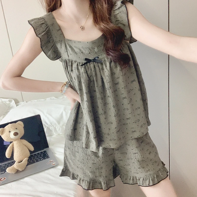 夏季新款女大学生睡衣女款甜美高颜值小飞袖大码家居服套装可外穿