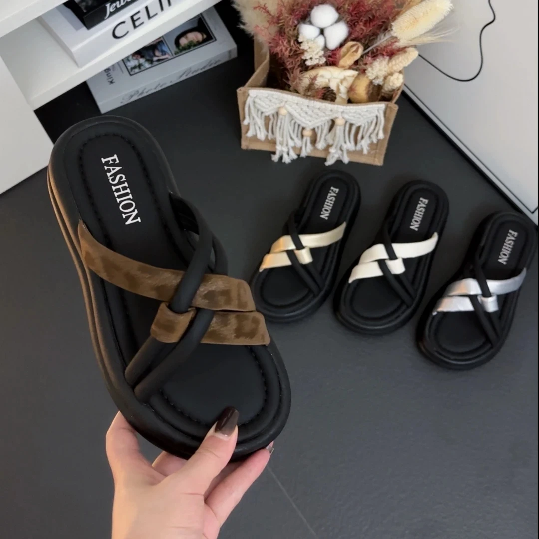 2025夏季新款双交叉绑带厚底软底舒适百搭沙滩鞋外穿女拖鞋
