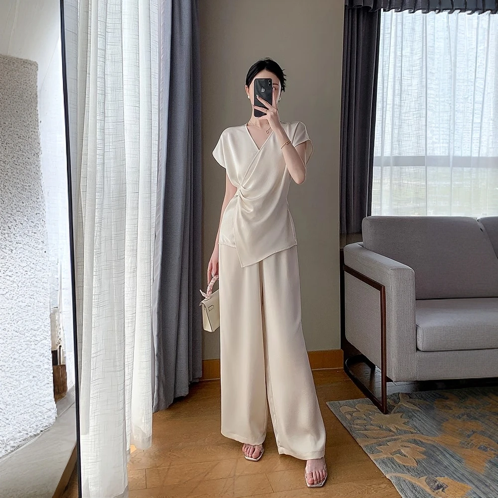 2025夏大码大方得体套装裤女胖mm高级感韩系气质短袖阔腿裤两件套