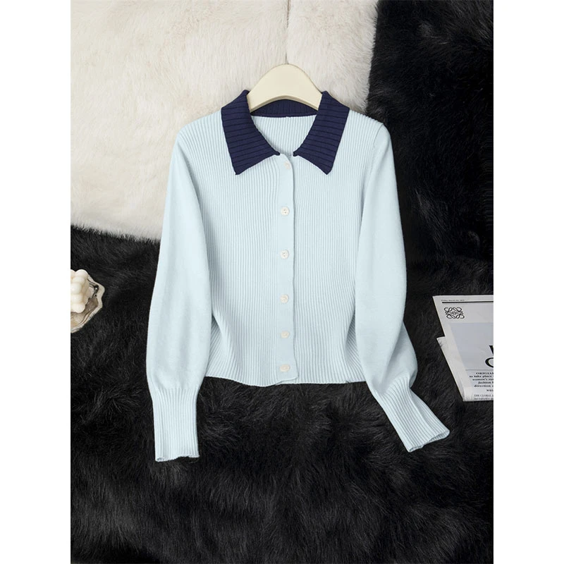 【现货现发】超好看薄款蓝色polo领针织打底衫2026新款春装百搭开衫