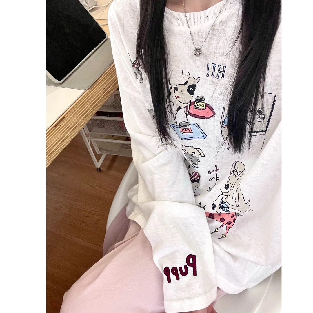 韩系慵懒少女可爱小狗睡衣女春秋新款宽松长袖长裤居家套装可外穿