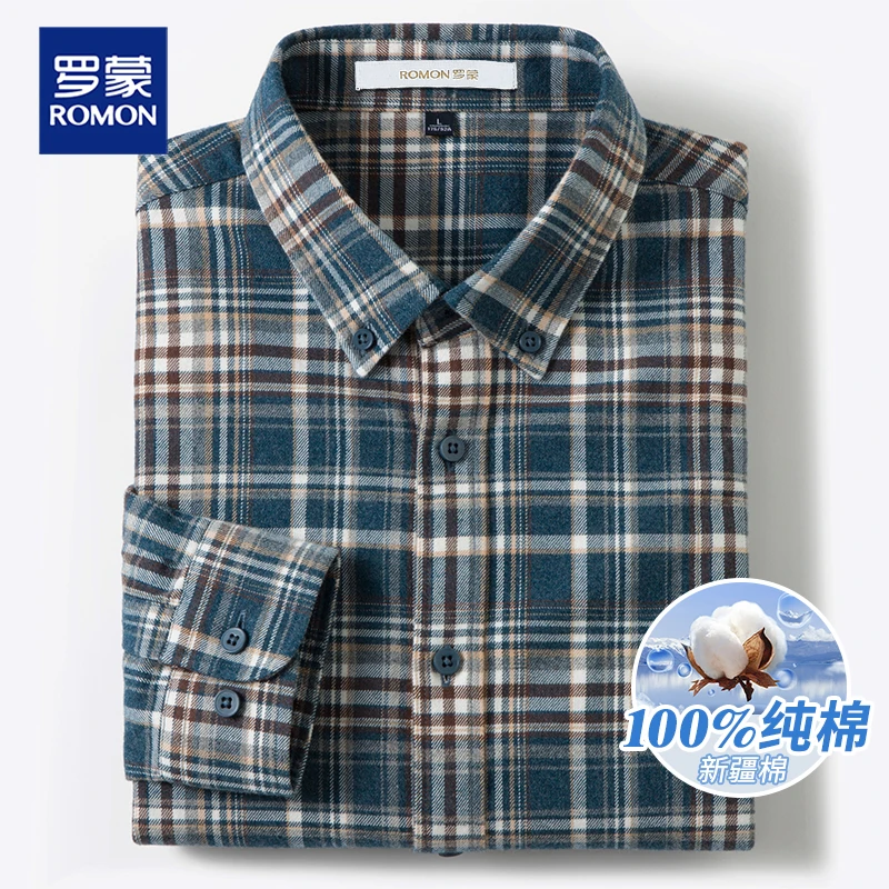 罗蒙新款复古风格格纹衬衫男士高品质纯棉秋季商务装休闲时尚衬衣