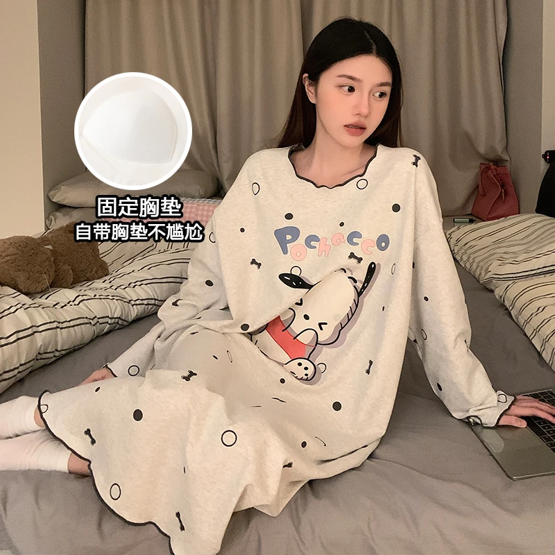 睡裙女春秋季长袖带胸垫2025年新款爆款纯欲风大码洋气家居服睡衣