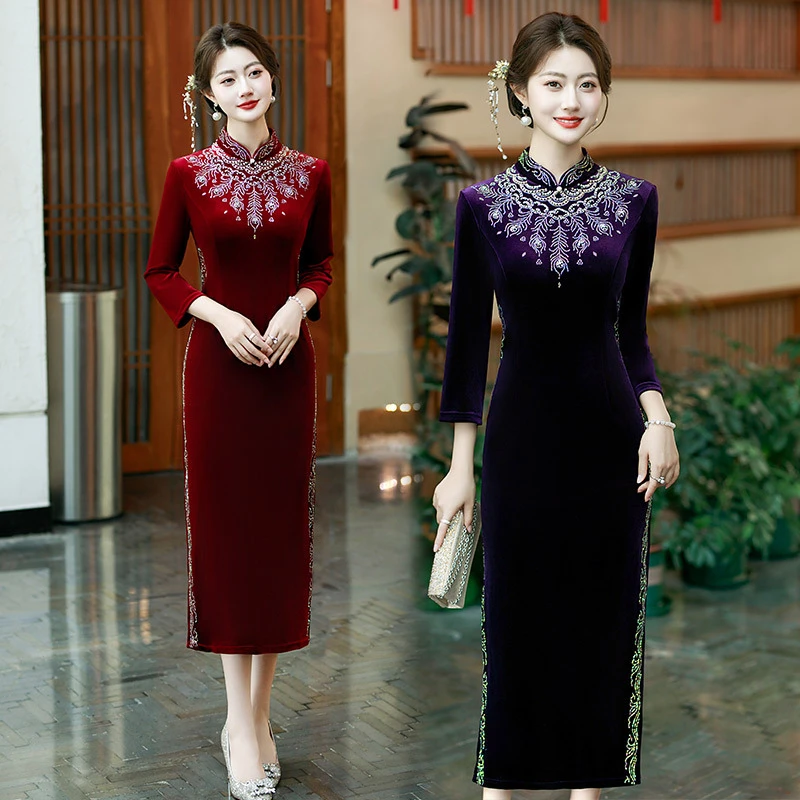 气质宴会复古高端丝绒钉珠喜婆婆婚宴装结婚礼服装秋冬季长袖旗袍