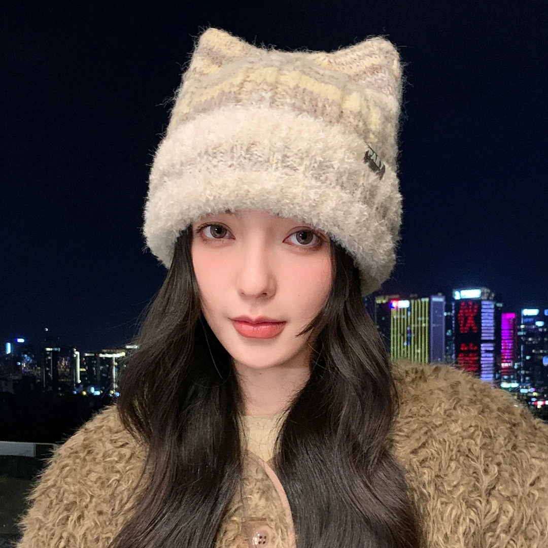 甜美可爱猫耳朵拼色条纹针织帽子女冬季新款防寒保暖护耳毛线帽潮