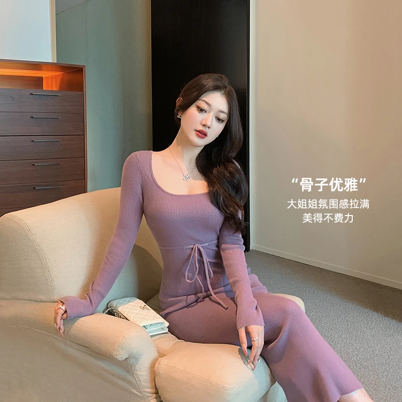 林关关【紫珀石】秋季气质韵味针织方领连衣裙修身显瘦女人包臀长裙