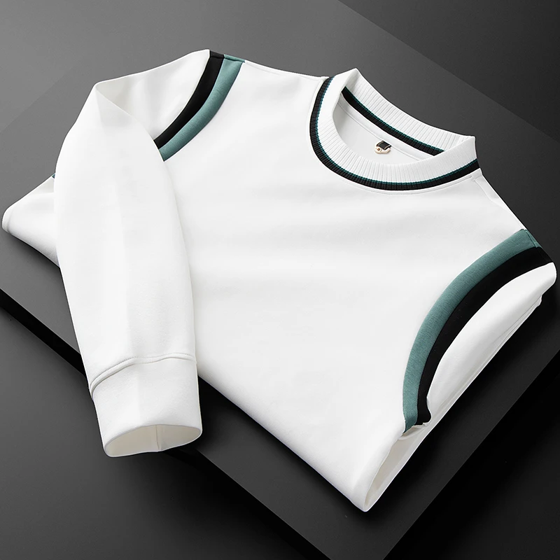 洛尼提日亚独特拼接撞色白色圆领卫衣男长袖修身秋季薄款t恤男士