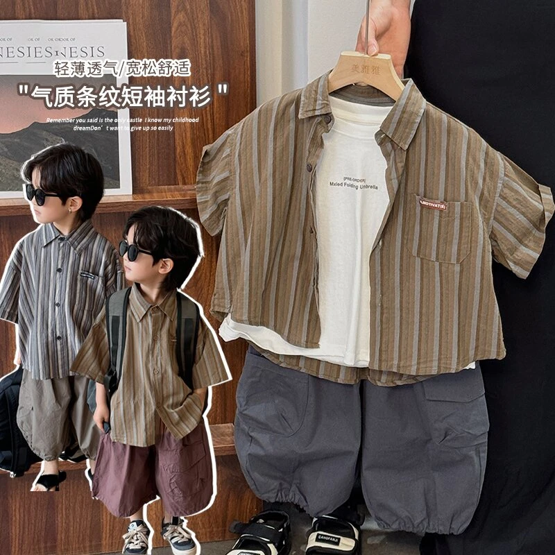 《夏上新》韩版男童女童翻领条纹衬衫短袖25XL920中大儿童休闲简约