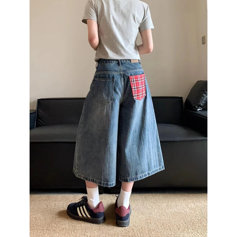 【破价+运费险】美式格子拼接牛仔七分裤女夏季高腰阔腿直筒中裤子