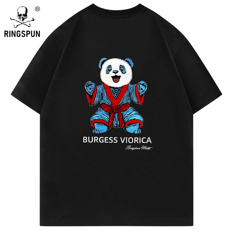 RINGSPUN【功夫熊猫】重磅万针刺绣潮牌短袖T 休闲圆领T恤男女同款