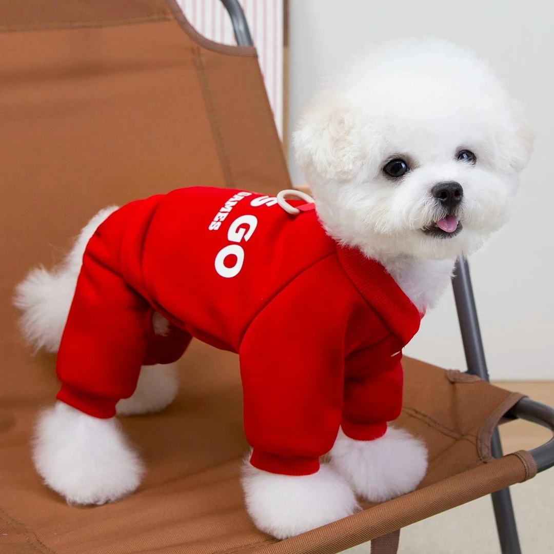 小狗狗开扣加绒四脚卫衣秋冬保暖可牵引泰迪比熊宠物卡通运动服装