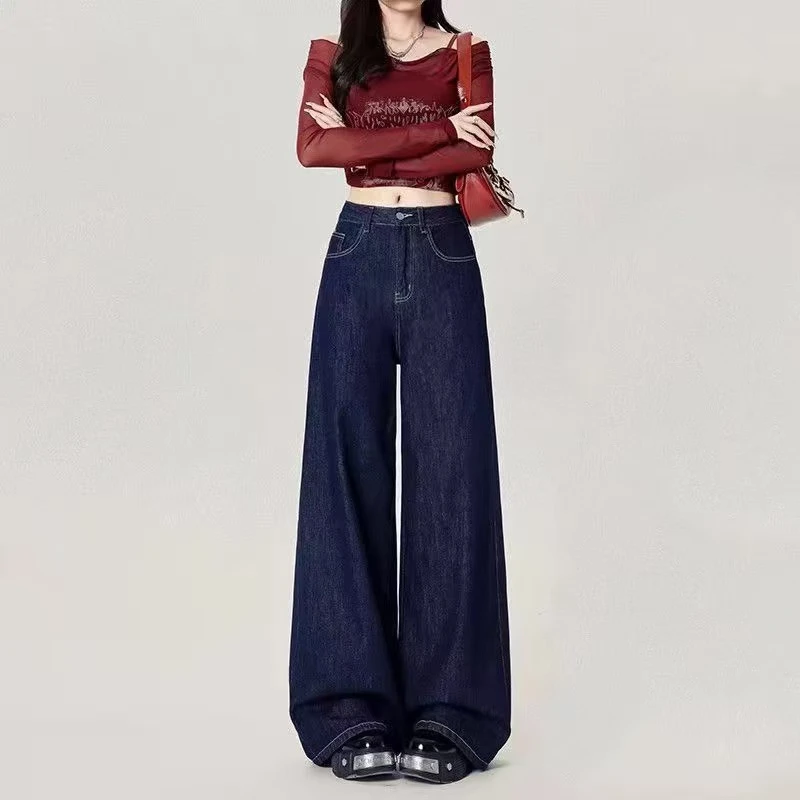 丹宁蓝色宽松阔腿牛仔裤女春冬直筒垂感显瘦拖地复古百搭大脚裤