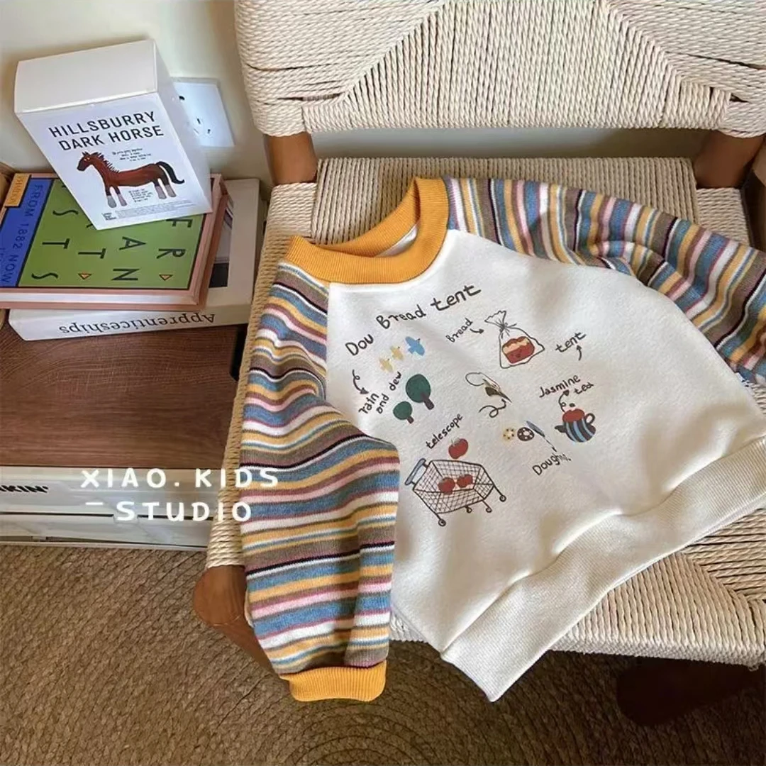 【现货捡漏】儿童卫衣秋冬2024新款男童彩色条纹卡通印花长袖