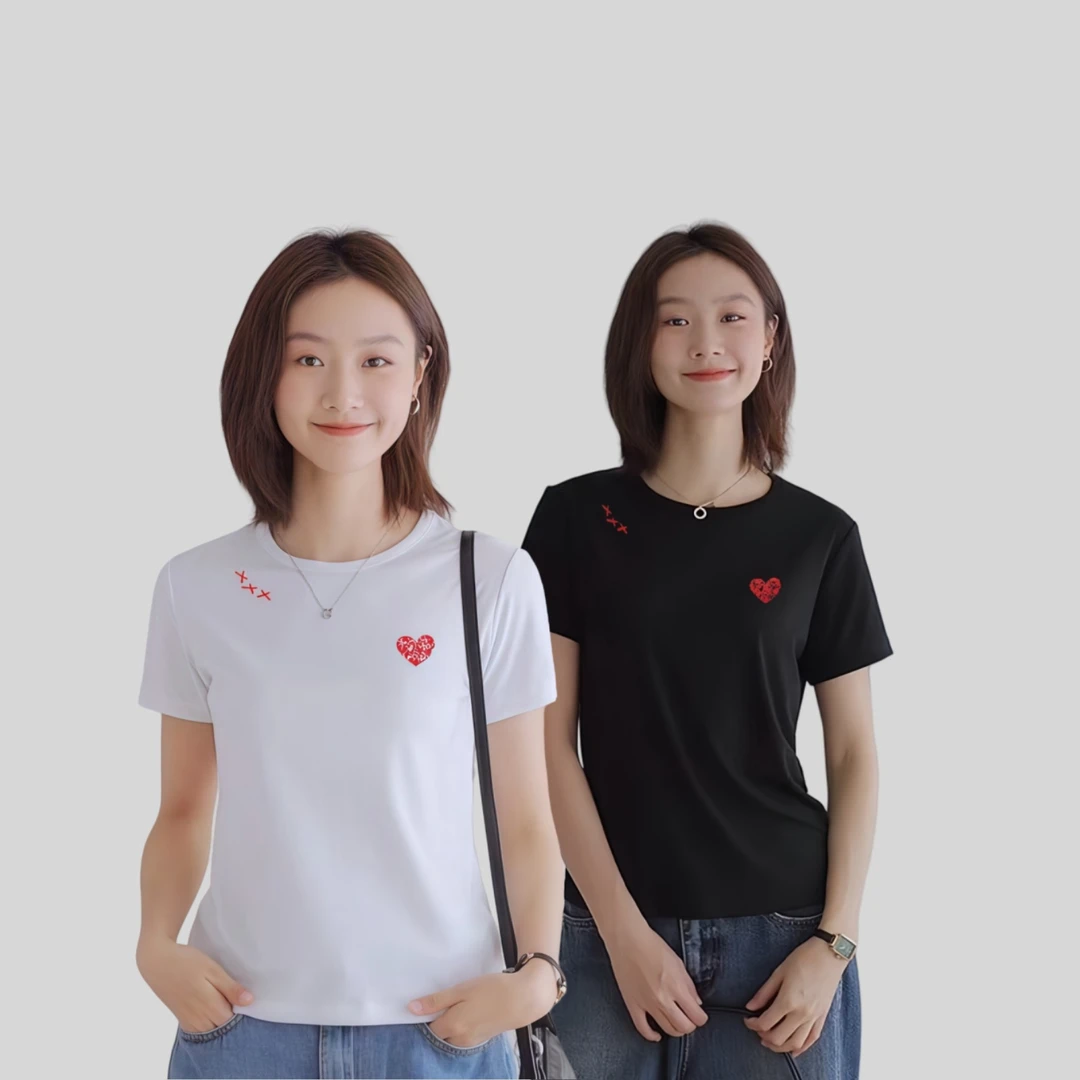 【清 不退差价】   蚕丝针织螺纹混纺 植绒   ”心心相印“T恤女A8787