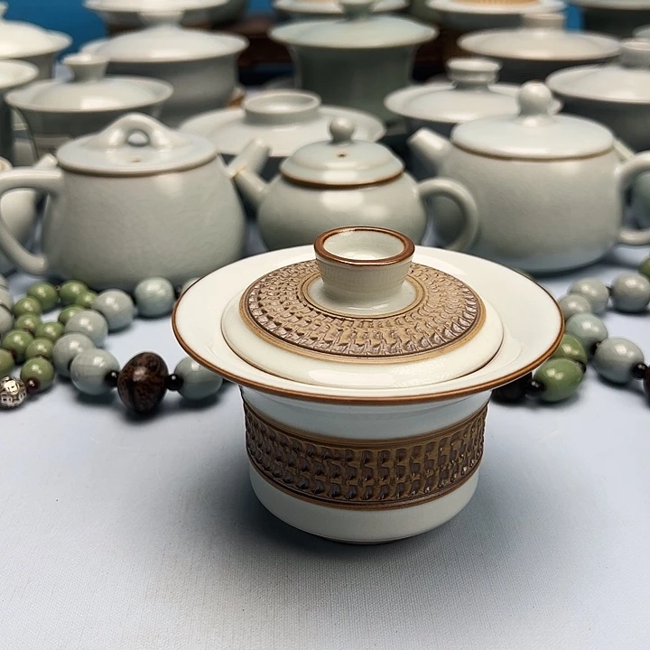 杯微暇重工月白釉马蹄盖碗原矿原釉原产地