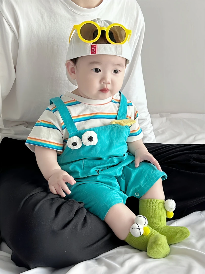 婴儿夏季短袖薄款假背带连体衣0-6个月男宝宝夏天超萌可爱外出服9