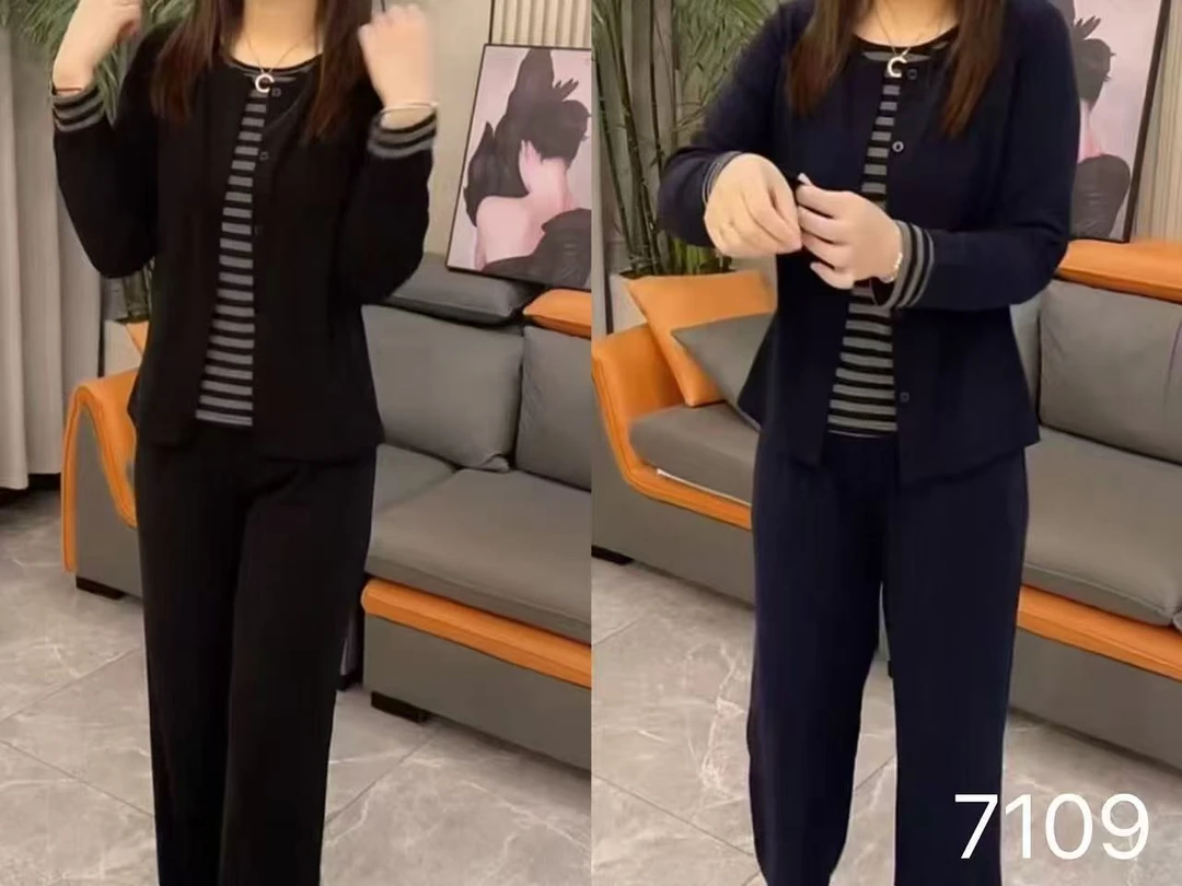 7109-两件套（假两件衫+阔腿裤}设计感大码套装