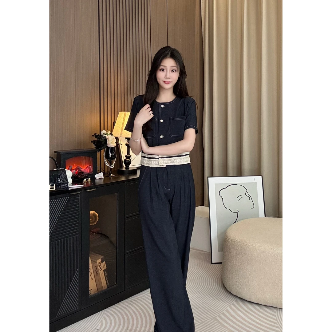 X'XIAO 时尚气质牛仔套装上衣+阔腿裤2025夏季新款洋气显瘦两件套
