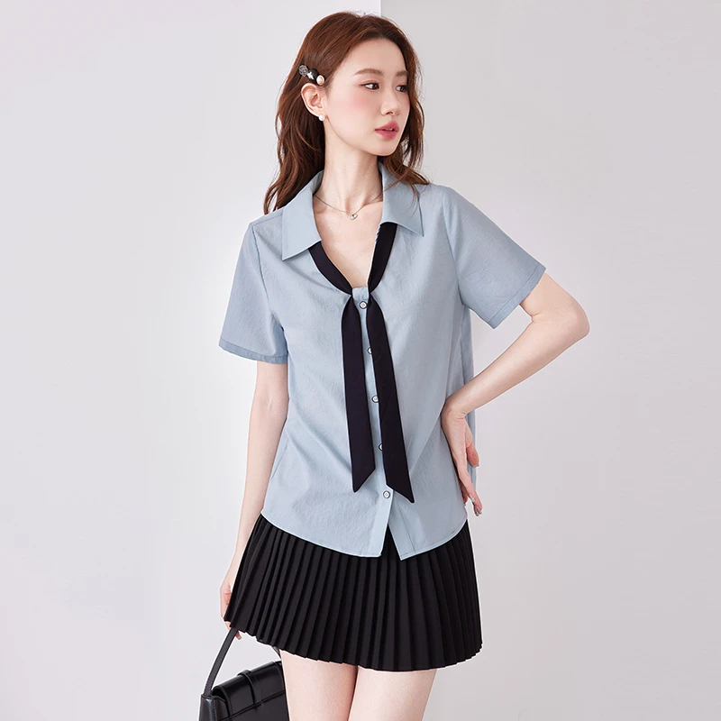 夏装新款气质圆领宽松直筒遮肉显瘦百搭短袖V领衬衫