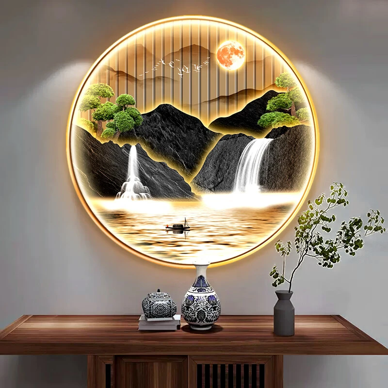 新中式入户门玄关装饰画圆形带灯LED发光灯画挂画走廊过流水生财