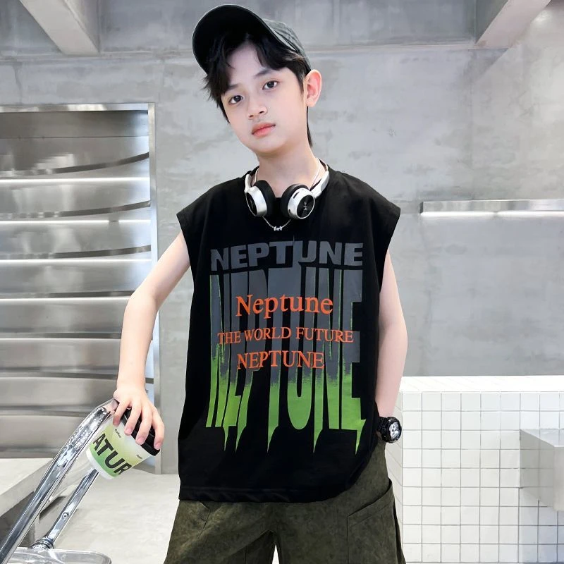 夏季新款男童纯棉宽松无袖背心外穿动漫卡通休闲运动薄款中大童装