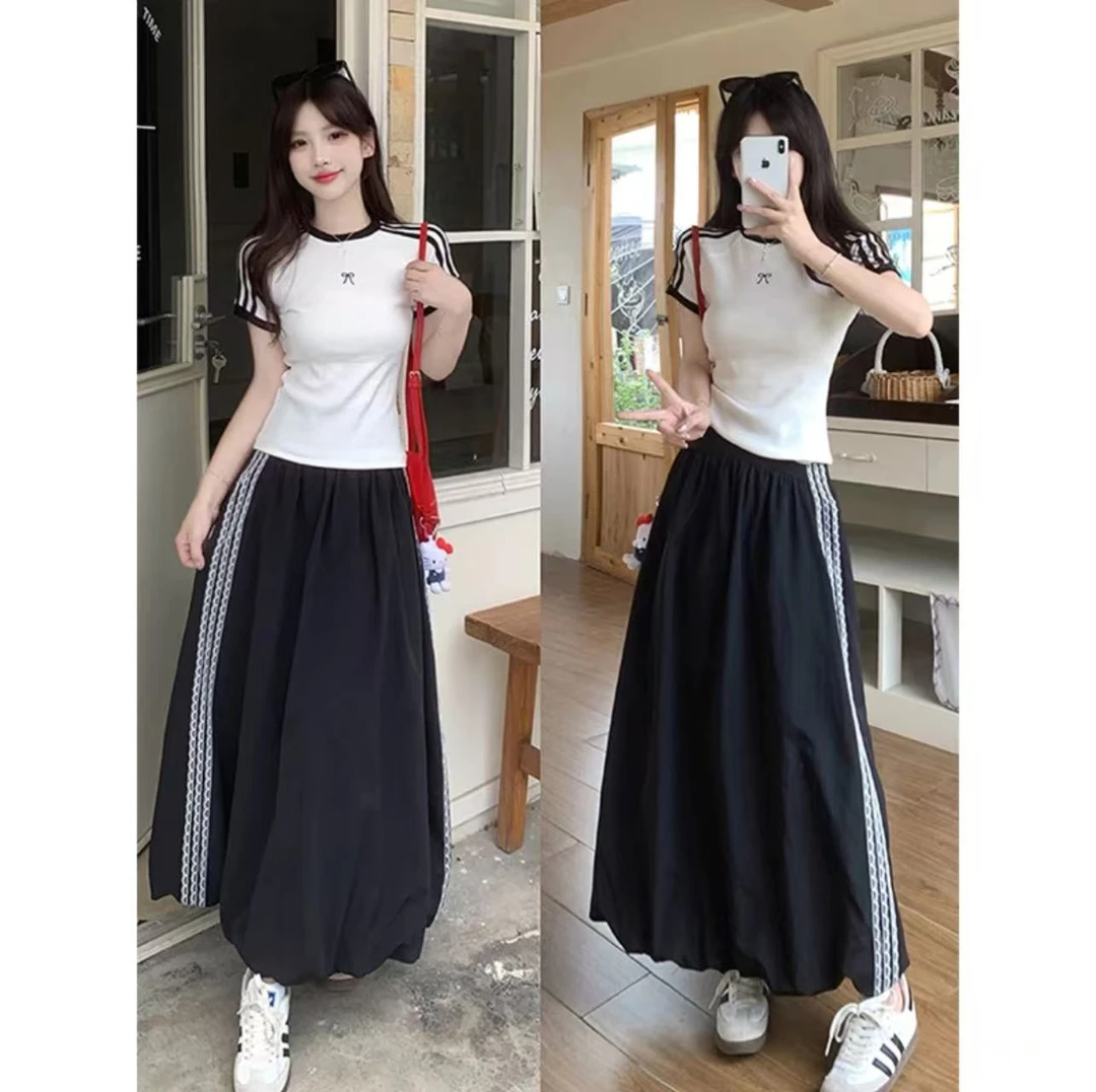 【瑞瑞】胖M运动风条纹正肩短袖设计感蕾丝拼接半身裙套装251239