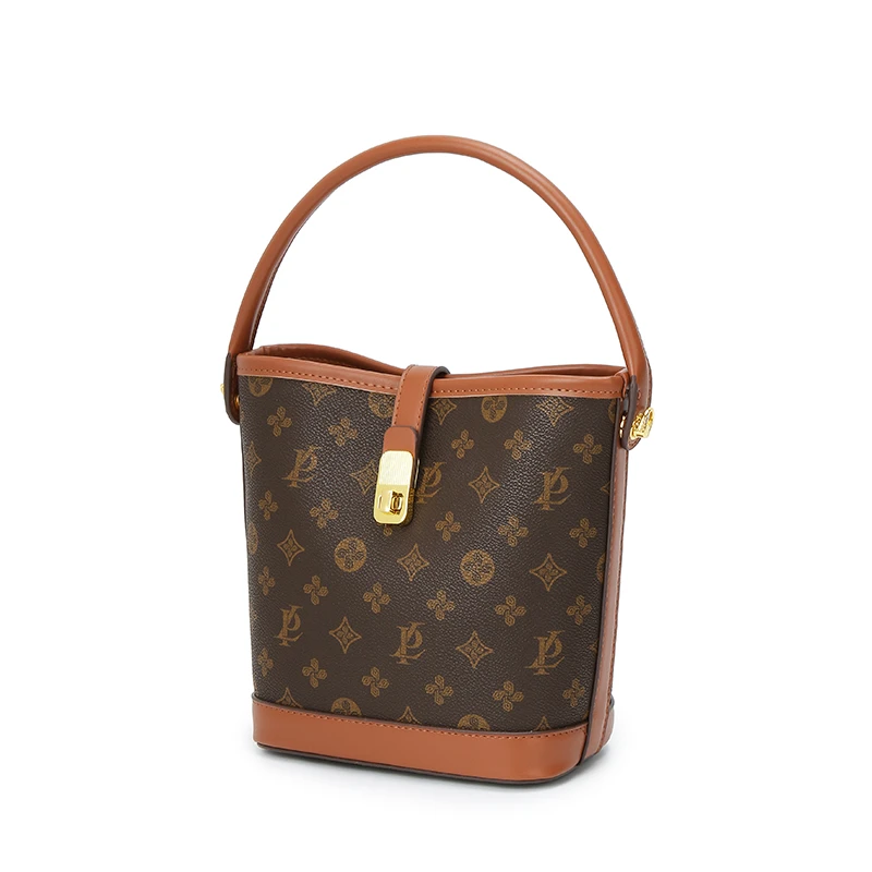 2025时尚轻奢水桶包女士棕色经典单肩斜挎印花两用工厂包