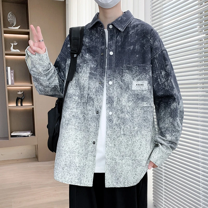 春秋季青少年复古牛仔扎染渐变港风夹克男学生韩版舒适开衫外套