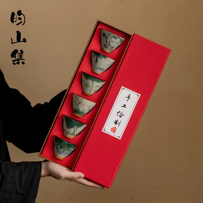 哥窑建盏主人杯手绘荷花茶盏陶瓷功夫茶具商务礼品茶杯品茗礼盒装