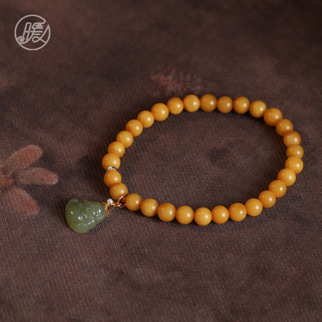 单圈蜜蜡手串6mm搭配和田玉佛公吊坠手链E6929多样性发一