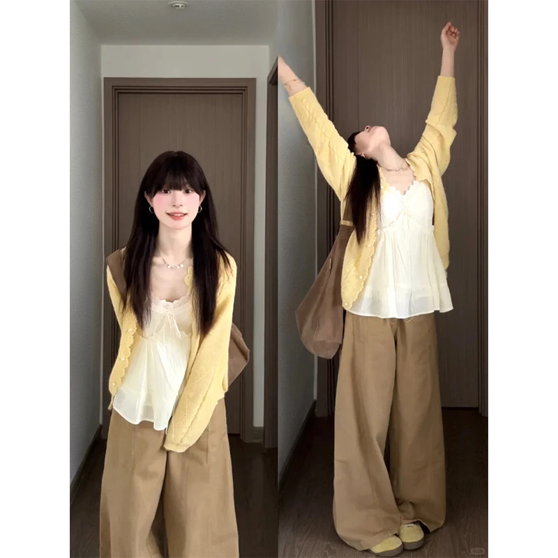 韩系温柔甜美早秋叠穿内搭背心吊带软糯针织长袖开衫休闲阔腿裤子