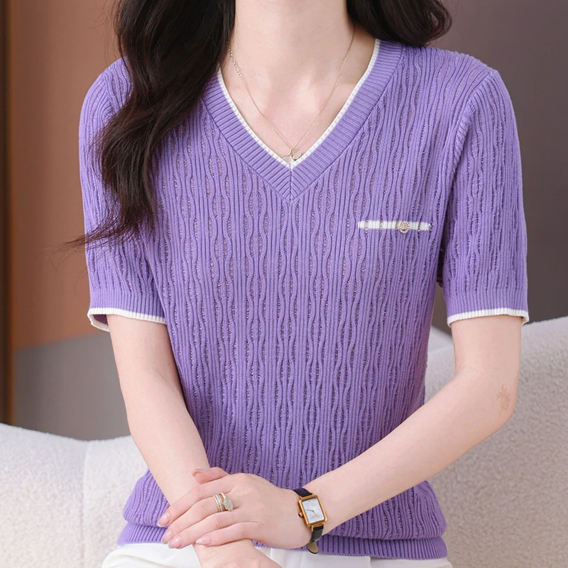 2025新款莱赛尔天丝V领提花短袖夏季镂空宽松上衣女百搭显瘦针织